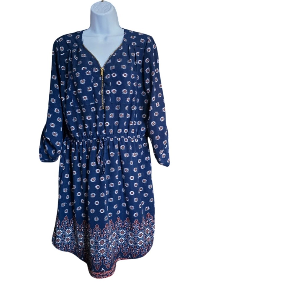 Justify Shift Dress Womens XL Blue Geometric Medallion Boho Zip Neck Roll Tab